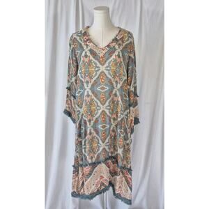 Lula Soul Womens Blue Floral Fringe Patchwork Boho Kimono Sleeve Dress Small